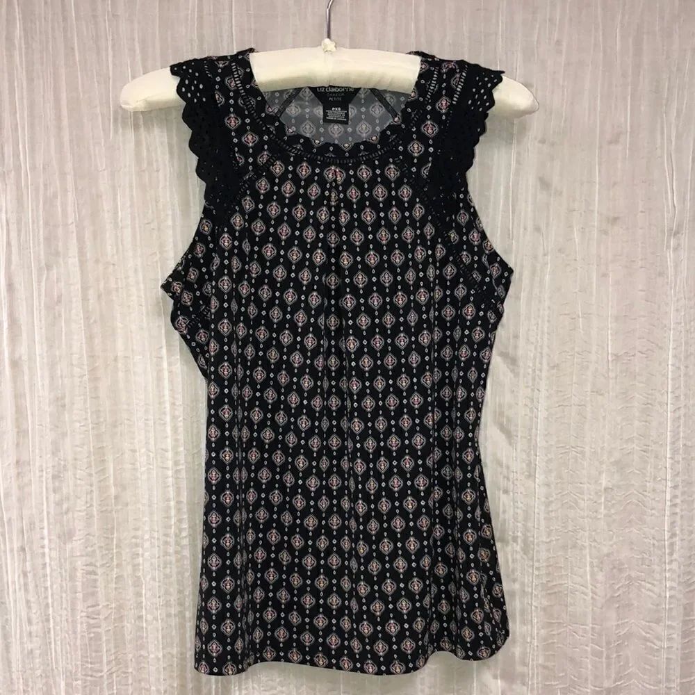 Liz Claiborne XSP Career Sleeveless Blouse with Eyelet and Lace Details